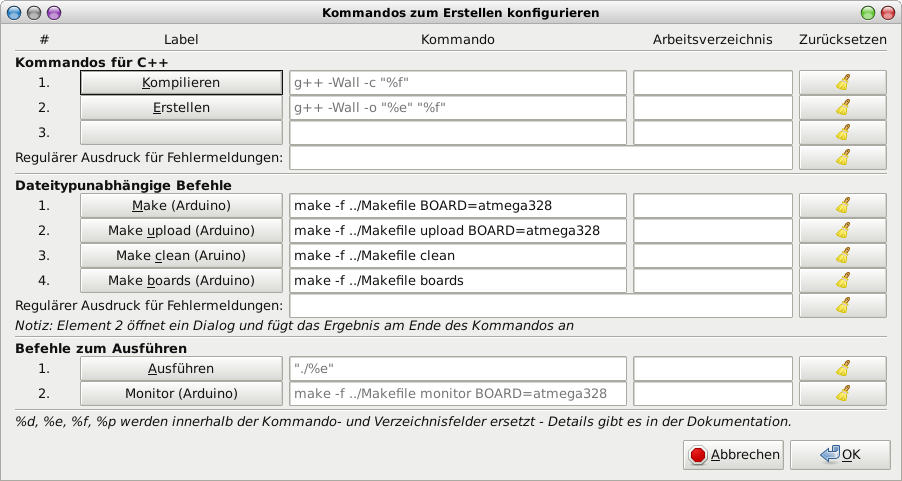 Bildschirmfoto Geany Kommandos zum Erstellen konfigurieren